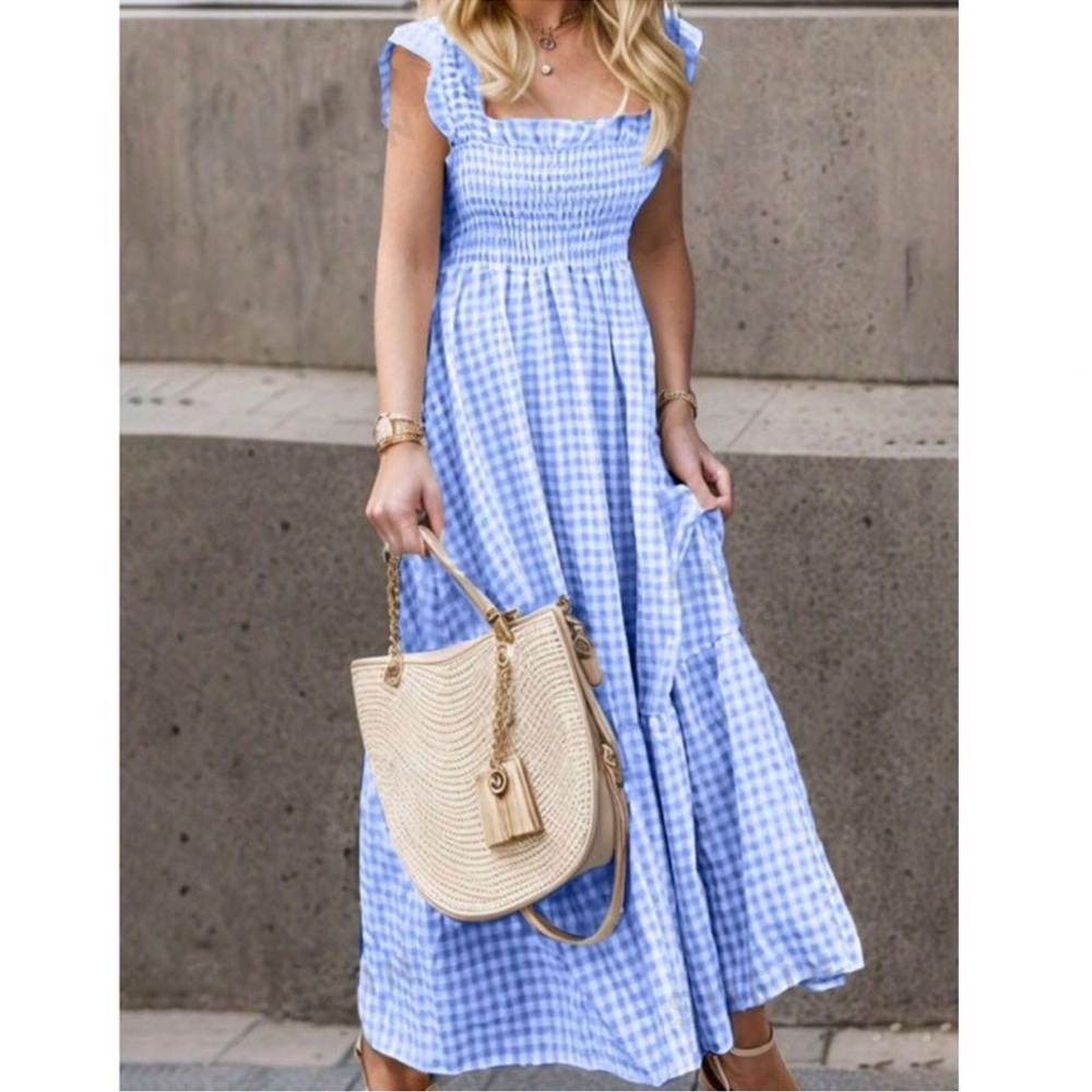 Boho Gingham Print Ruffle Sleeve Maxi Dress S M L XL